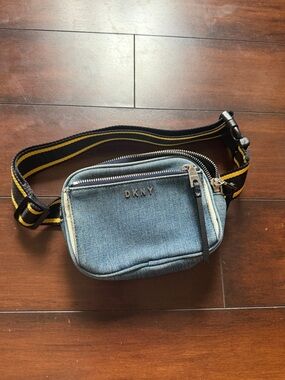 DKNY Denim Belt Bag in Blue with Black and Yellow Strap
